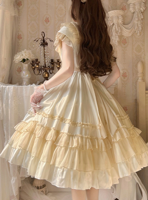 French Court Elegant Solid Color Square Neck Bow Ruffled Large Skirt Hem Chiffon Classic Lolita Short-Sleeved Dress