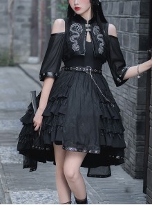 Chinese Style Black Stand-Up Collar Off-The-Shoulder Mid-Sleeve Embroidered Short Coat Metal Decorate Hem Punk Lolita Sleeveless Dress Suit