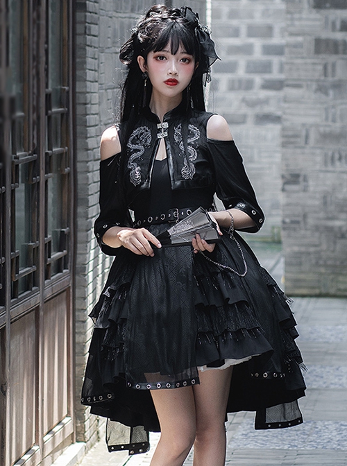 Chinese Style Black Stand-Up Collar Off-The-Shoulder Mid-Sleeve Embroidered Short Coat Metal Decorate Hem Punk Lolita Sleeveless Dress Suit