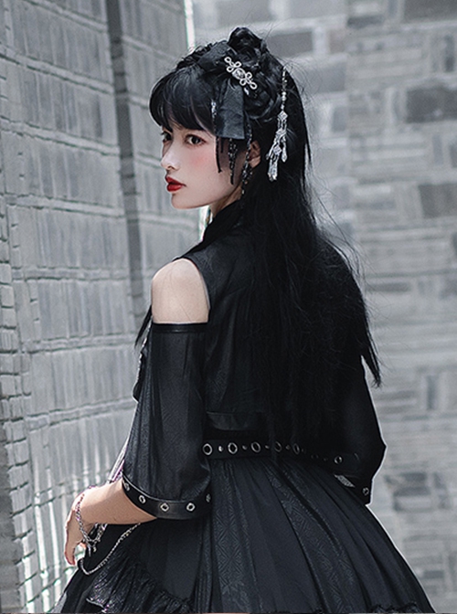 Chinese Style Black Stand-Up Collar Off-The-Shoulder Mid-Sleeve Embroidered Short Coat Metal Decorate Hem Punk Lolita Sleeveless Dress Suit