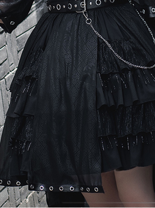 Chinese Style Black Stand-Up Collar Off-The-Shoulder Mid-Sleeve Embroidered Short Coat Metal Decorate Hem Punk Lolita Sleeveless Dress Suit