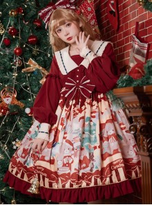 Christmas Little Bear Series Cute Navy Collar Christmas Print Lantern Sleeves Lace Bow Classic Lolita Long Sleeve Dress