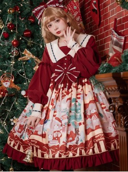 Christmas Little Bear Series Cute Navy Collar Christmas Print Lantern Sleeves Lace Bow Classic Lolita Long Sleeve Dress