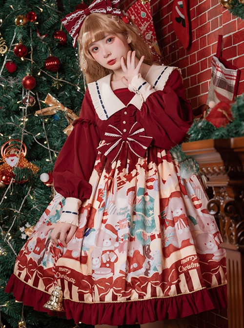 Christmas Little Bear Series Cute Navy Collar Christmas Print Lantern Sleeves Lace Bow Classic Lolita Long Sleeve Dress