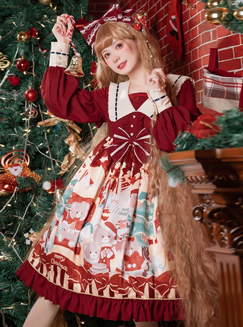 Christmas Little Bear Series Cute Navy Collar Christmas Print Lantern Sleeves Lace Bow Classic Lolita Long Sleeve Dress