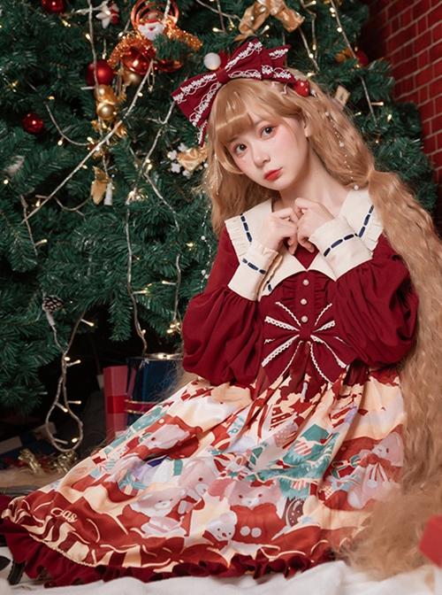 Christmas Little Bear Series Cute Navy Collar Christmas Print Lantern Sleeves Lace Bow Classic Lolita Long Sleeve Dress