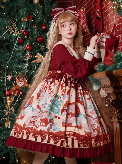 Christmas Little Bear Series Cute Navy Collar Christmas Print Lantern Sleeves Lace Bow Classic Lolita Long Sleeve Dress