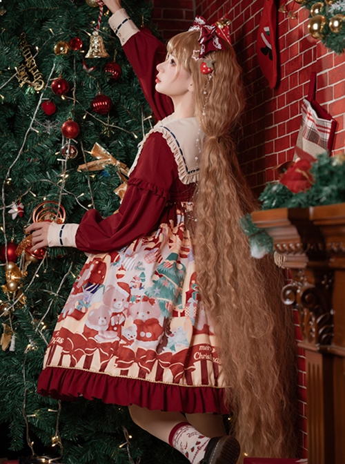 Christmas Little Bear Series Cute Navy Collar Christmas Print Lantern Sleeves Lace Bow Classic Lolita Long Sleeve Dress