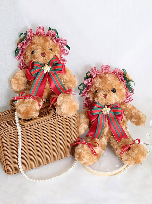 Cute Christmas Brown Plush Bear Bow Plaid Doll Sweet Lolita Messenger Bag