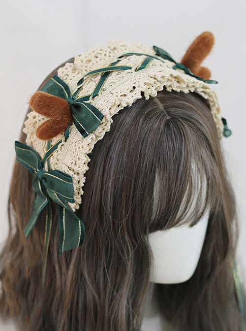 Green Bow Plush Antlers Christmas Tea Party Classic Lolita Headband