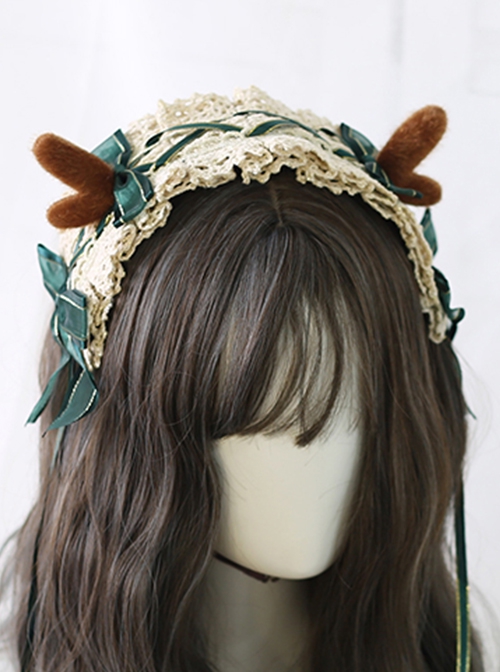 Green Bow Plush Antlers Christmas Tea Party Classic Lolita Headband