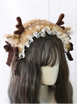 Cute Plush Speckled Elk Antlers Lace Solid Color Bow Removable Christmas Classic Lolita Headband