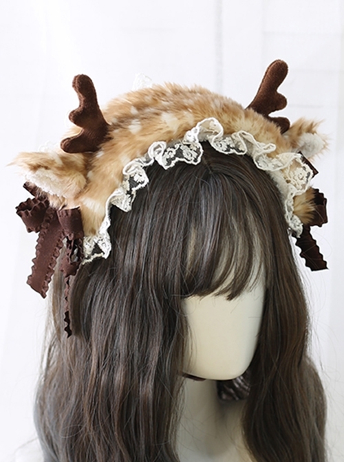 Cute Plush Speckled Elk Antlers Lace Solid Color Bow Removable Christmas Classic Lolita Headband
