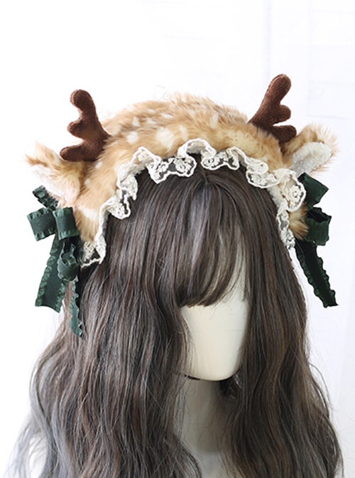 Cute Plush Speckled Elk Antlers Lace Solid Color Bow Removable Christmas Classic Lolita Headband