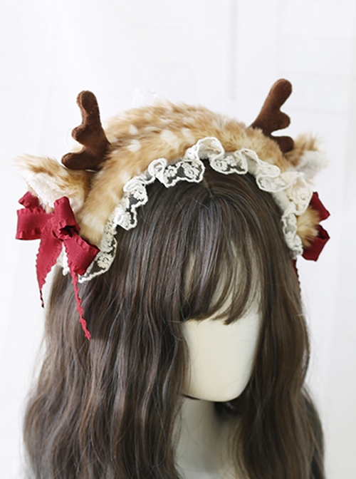 Cute Plush Speckled Elk Antlers Lace Solid Color Bow Removable Christmas Classic Lolita Headband