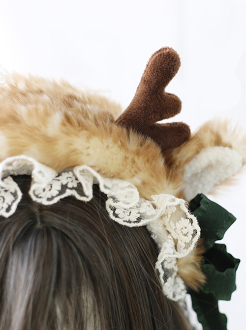 Cute Plush Speckled Elk Antlers Lace Solid Color Bow Removable Christmas Classic Lolita Headband