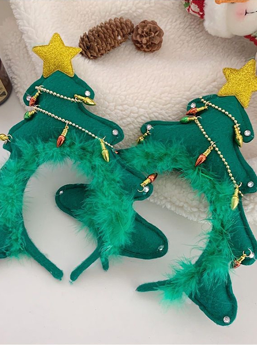 Green Christmas Tree Stars Lights Decor Plush Cute Classic Lolita Headband