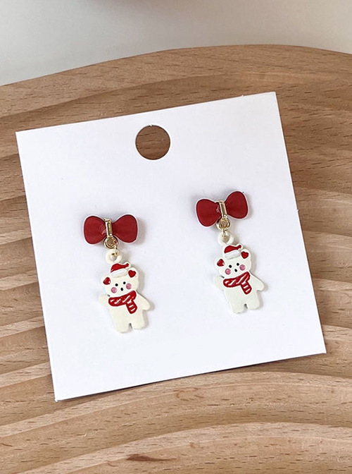 Christmas Series Red Bowknot White Bear Alloy Classic Lolita Earrings