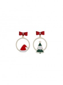 Christmas Series Red Bowknot Christmas Tree Hat Circle Alloy Classic Lolita Earrings