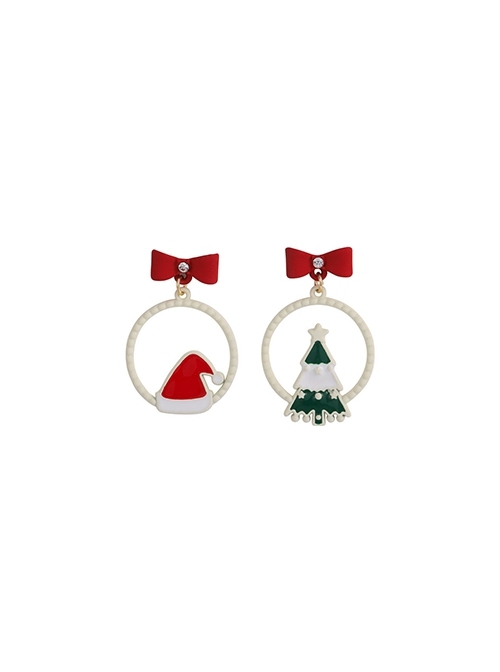 Christmas Series Red Bowknot Christmas Tree Hat Circle Alloy Classic Lolita Earrings