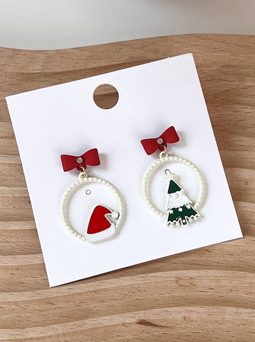 Christmas Collection Red Bow Christmas Tree Hat Circle Alloy Classic Lolita Earrings