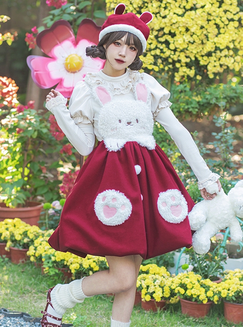 Rabbit Tuan Tuan Series Solid Color Plush Rabbit Cute Doll Autumn Winter Flower Bud Strap Skirt Sweet Lolita Sleeveless Dress