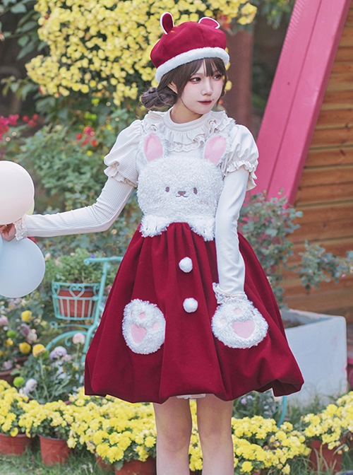 Rabbit Tuan Tuan Series Solid Color Plush Rabbit Cute Doll Autumn Winter Flower Bud Strap Skirt Sweet Lolita Sleeveless Dress