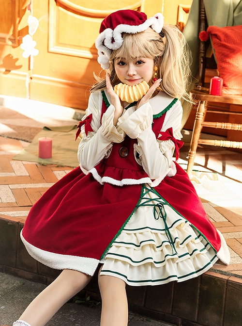 Snow Night Theater Series Doll Collar Bow Bell Decorative Stitching Long Sleeve Plush Dress Cloak Christmas Sweet Lolita Dress Set