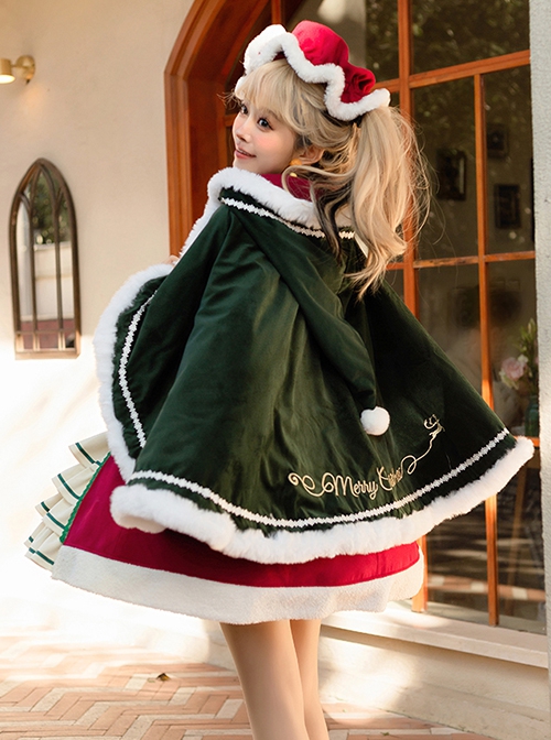 Snow Night Theater Series Doll Collar Bow Bell Decorative Stitching Long Sleeve Plush Dress Cloak Christmas Sweet Lolita Dress Set