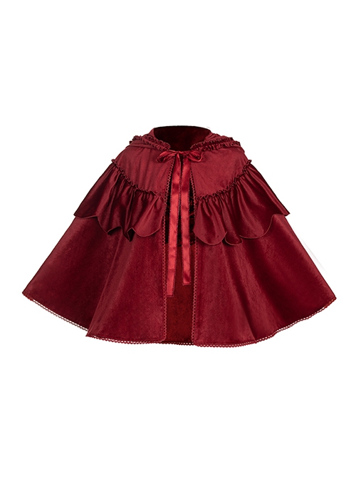 Red Velvet Thick Warm Winter Hooded Lace Frenulum Christmas Classic Lolita Cape