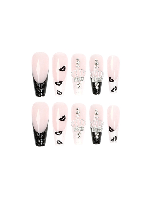 Abstract Series Black-White Lip Print Crown Rhinestone Finished Disposable Manicure Nail Piece