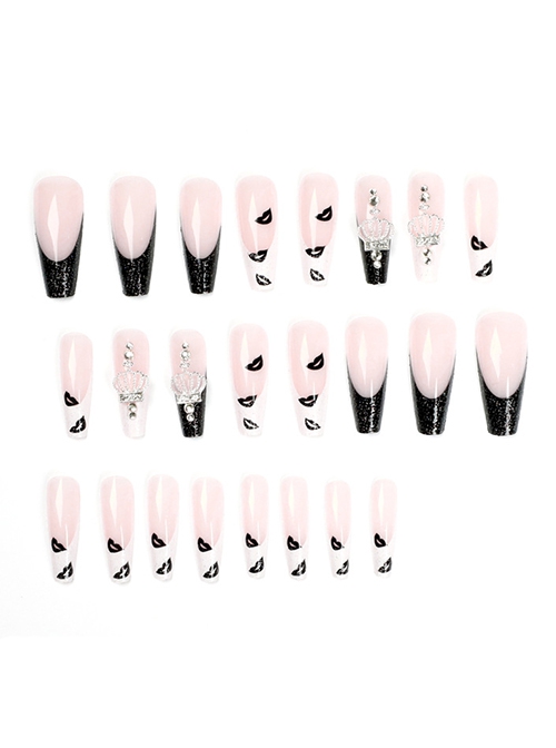 Abstract Series Black-White Lip Print Crown Rhinestone Finished Disposable Manicure Nail Piece