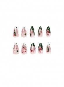 Christmas Manicure French White-Green Snowflake Crutches Finished Disposable Manicure Nail Pieces