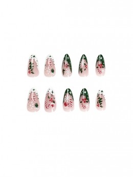 Christmas Manicure French White-Green Snowflake Crutches Finished Disposable Manicure Nail Pieces