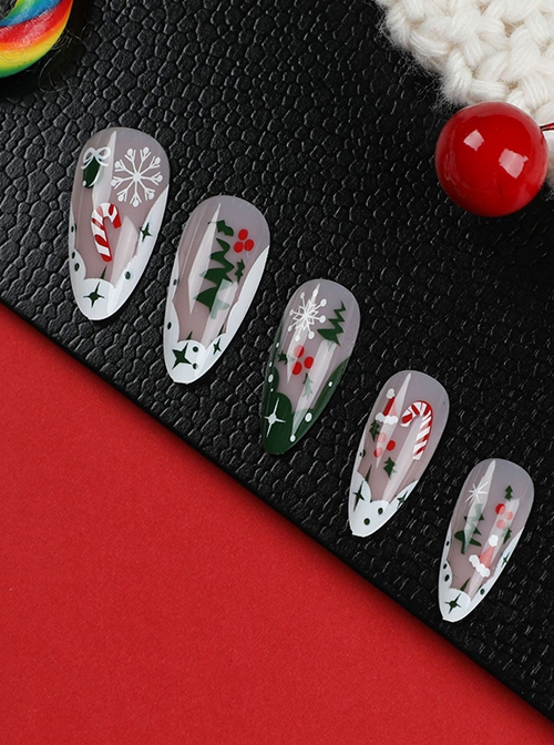 Christmas Manicure French White-Green Snowflake Crutches Finished Disposable Manicure Nail Pieces