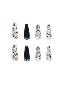 Butterfly Series Black-White Butterfly Leopard Print Frosted Rhinestone Finished Disposable Manicure Nail Piece