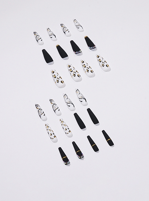 Butterfly Series Black-White Butterfly Leopard Print Frosted Rhinestone Finished Disposable Manicure Nail Piece