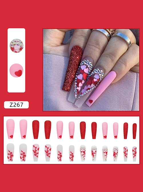 Heart-Shaped Rhinestones Shiny Long Mature Sexy Finished Disposable Manicure Nail Pieces