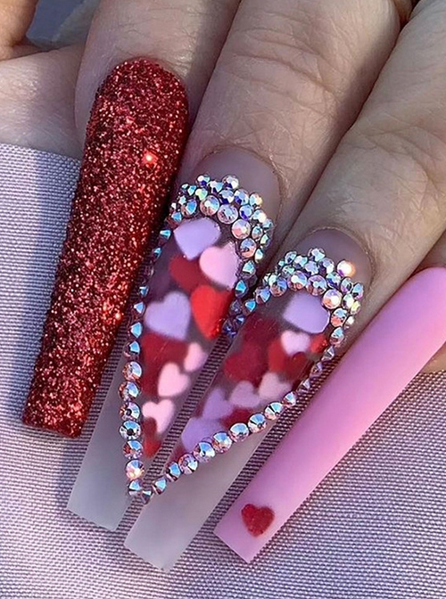 Heart-Shaped Rhinestones Shiny Long Mature Sexy Finished Disposable Manicure Nail Pieces