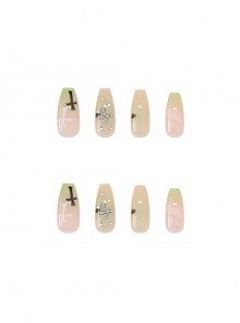 Green Crucifix Rhinestone Decoration Long Removable Finished Disposable Manicure Nail Piece