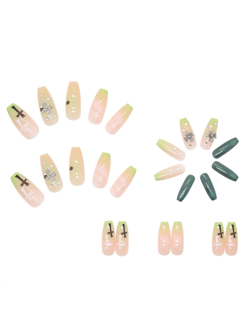 Green Crucifix Rhinestone Decoration Long Removable Finished Disposable Manicure Nail Piece