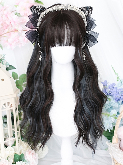 Black Brown Mixed Color Haze Blue Natural Water Ripple Air Bangs Long Curly Hair Classic Lolita Wig