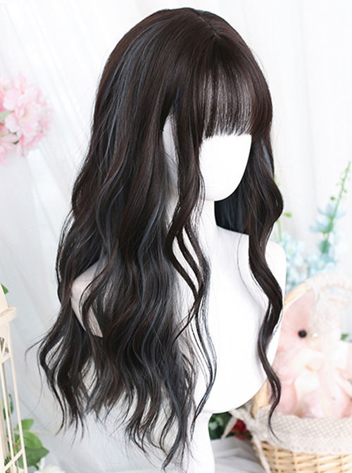 Black Brown Mixed Color Haze Blue Natural Water Ripple Air Bangs Long Curly Hair Classic Lolita Wig