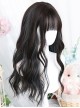 Black Brown Mixed Color Haze Blue Natural Water Ripple Air Bangs Long Curly Hair Classic Lolita Wig