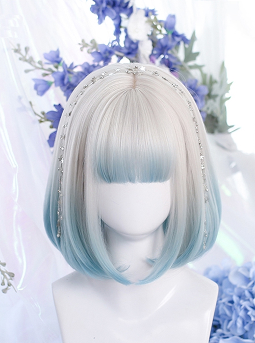 Light Blue Gradient Cute Air Bangs Inner Buckle Short Hair Classic Lolita Wig