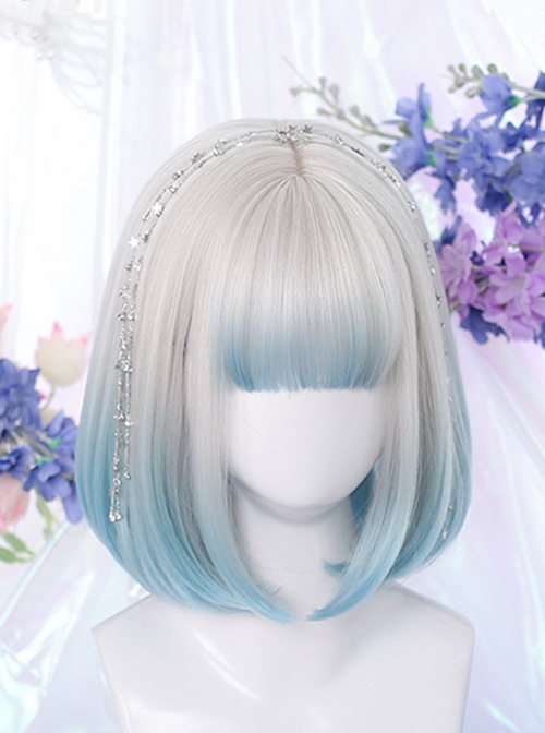 Light Blue Gradient Cute Air Bangs Inner Buckle Short Hair Classic Lolita Wig