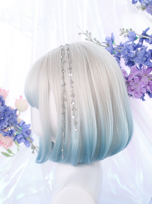 Light Blue Gradient Cute Air Bangs Inner Buckle Short Hair Classic Lolita Wig