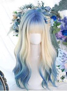 Blue Irregular Gradient Mixed Color Qi Bangs Long Curly Hair Classic Lolita Wig