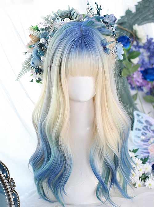 Blue Irregular Gradient Mixed Color Qi Bangs Long Curly Hair Classic Lolita Wig