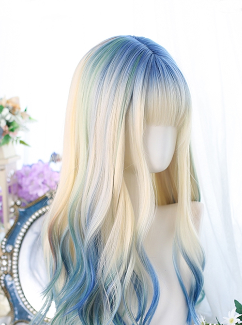 Blue Irregular Gradient Mixed Color Qi Bangs Long Curly Hair Classic Lolita Wig